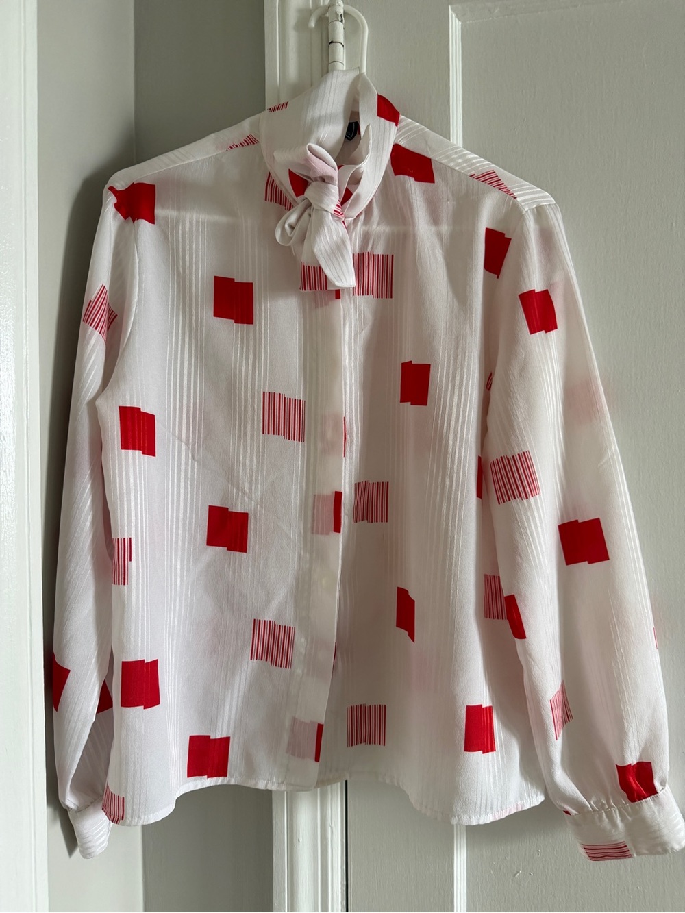 Vintage Haberdashery Womens White Button-Down Blouse with Red Square Print